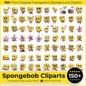 150+ Spongebob Clipart PNG Bundle | Cute Cartoon Character Stickers | Transparent Background | Instant Download | Sublimation Art