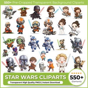 500+ Star Wars Bundle SVG Files, Chibi Star Wars Clipart, Lightsaber Sticker, Star Wars Retro Png, Sublimation Designs, Mandalorian Png