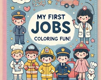 Puede incluir: Un libro para colorear con el título "Mis primeros trabajos, ¡divertido para colorear!" con ilustraciones de niños vestidos con diferentes profesiones, incluyendo un policía, un chef, un bombero, un médico y un maestro.