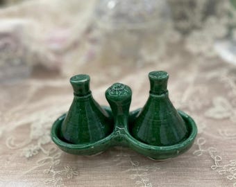 Salero Tajine de cerámica marroquí hecho a mano con tapa - Especiero doble verde Artisanat Marocain