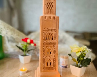 Escultura de terracota del minarete de la Koutoubia marroquí, hecha a mano, decoración bohemia para el hogar.