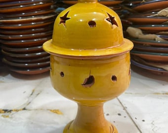 Quemador de incienso de cerámica marroquí hecho a mano – Porta incienso de cerámica amarilla, decoración bohemia para el hogar