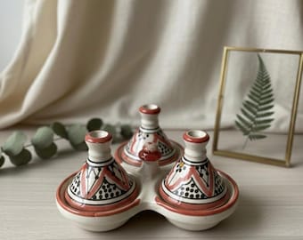 Salero triple de reliquia hecho a mano - Mini jarrones de cerámica - Regalo único de cocina bohemia