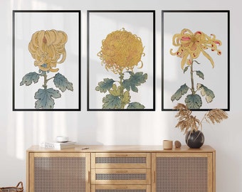 Gift for mom set of 3 Japanese flower prints yellow chrysanthemum vintage wall art gift for gardener