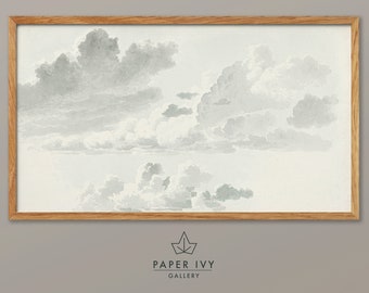 Vintage cloud image for frame TV, neutral landscape watercolor painting of silver clouds against a white sky.