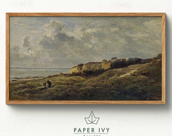 French Vintage art image for frame TV coastal village seascape painting