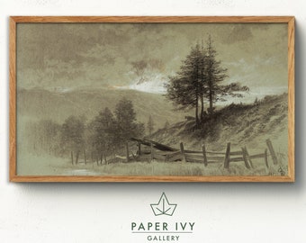 Muted neutral farmhouse art image for frame TV, vintage landscape drawing in charcoal and chalk