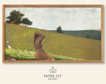 Farm house art image for frame TV, vintage house on the hill landscape, painting of a girl in a green field