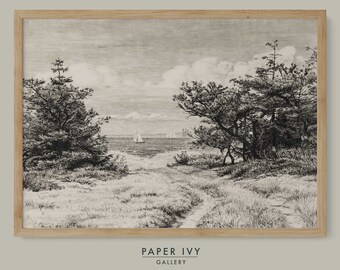 Printable download gift for landscape lovers, coastal cottage etching print, trees with view to sailboat antique wall art
