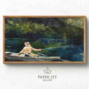 May include: A watercolor painting of a person in a boat fishing on a lake. The person is wearing a hat and is casting a line. The lake is surrounded by trees and the sky is cloudy.