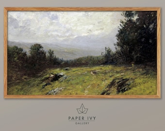Vintage farmhouse landscape art for frame TV, moody oil painting of the view through trees to distant hills and a moody sky