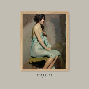 Vintage portrait painting of a seated woman in a towel, digital download art print for bathroom decor, relaxing spa art