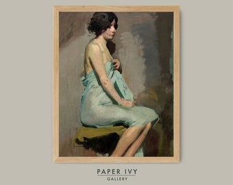 Vintage portrait painting of a seated woman in a towel, digital download art print for bathroom decor, relaxing spa art