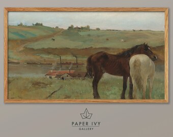 Samsung Frame TV downloadable art for horse lovers, vintage country landscape painting of horses in a field