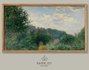 French vintage art image for frame TV, Summer landscape painting of a country house nestled in the trees and hills