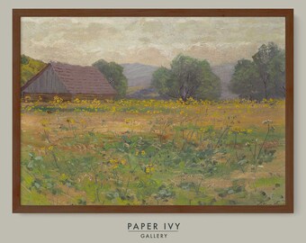 Landscape vintage art gift, yellow meadow oil painting print, field with trees antique wall art, printable download gift for landscape lover