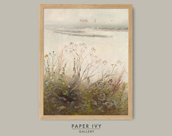 Moody landscape vintage oil painting, misty river art gift, antique instant download wall art digital printable