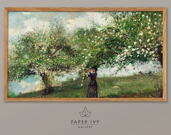 Flowering apple trees art image for frame TV, vintage orchard landscape with woman picking apple blossoms
