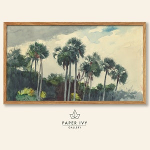 Vintage palm tree art image for frame TV, landscape watercolor painting of palms against a moody sky.