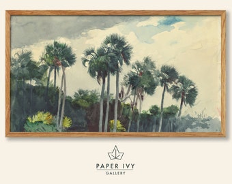 Vintage palm tree art image for frame TV, landscape watercolor painting of palms against a moody sky.