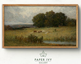 Vintage landscape art for frame TV, oil painting of cows at a stream, grove of trees against a moody sky.