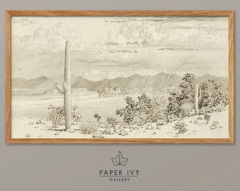 Neutral desert art file for frame TV, southwest decor, vintage cacti wall art landscape pencil drawing with mountains and clouds