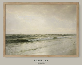 Moody coastal beach painting, fine art instant download, ocean wall art, vintage seascape digital printable