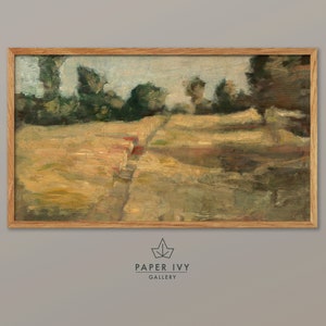 Vintage farmhouse landscape art for frame TV, path through a field oil painting, meadow with trees, rustic home decor