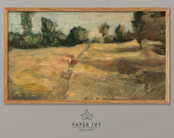 Vintage farmhouse landscape art for frame TV, path through a field oil painting, meadow with trees, rustic home decor