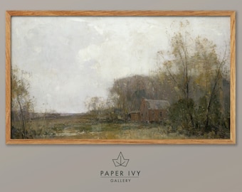 Vintage farmhouse landscape art for frame TV, moody oil painting of a farmhouse across a field, near a grove of trees.