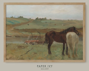 Printable download gift for horse lovers painting wall art for landscape lovers, two horses in a meadow oil painting digital