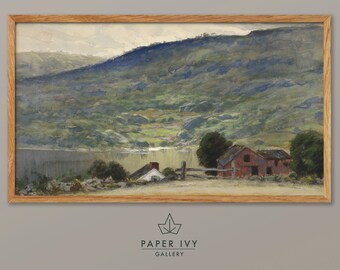 Frame TV vintage art image for fishing fan, gift for homesteader, landscape watercolor painting, hillside lake house decor