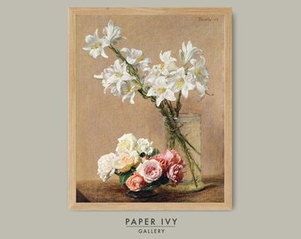 Wall art lillies and roses art print gift for her wall decor vintage wall art digital download antique flower decor earth tones