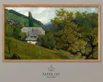 Vintage farmhouse landscape art for frame TV, moody oil painting of a hillside farmhouse, leafy view of trees and green hills