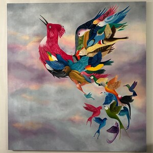 May include: A colorful painting of a large bird made up of many smaller birds. The bird is pink, blue, green, yellow, and brown. The background is a cloudy sky.
