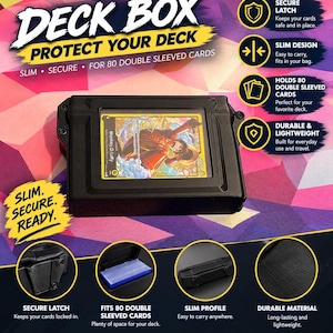 Peut inclure: Une boîte de jeu rectangulaire noire avec une fenêtre frontale transparente affichant une carte à collectionner Monkey D. Luffy. La boîte comprend un mécanisme de verrouillage sécurisé, un profil mince et peut contenir 80 cartes.
