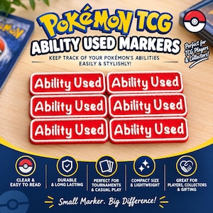 Puede incluir: Seis marcadores rectangulares rojos con bordes blancos y el texto blanco Ability Used. Los marcadores están dispuestos en dos columnas de tres. El texto Pokémon TCG Ability Used Markers aparece arriba, con iconos y texto adicional.