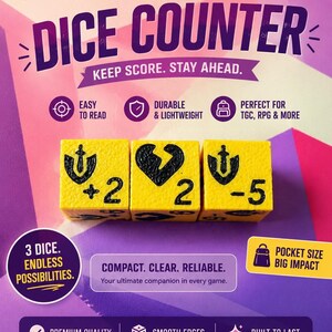May include: Three bright yellow cubic dice with black engraved symbols and numbers. The first die shows a sword-in-shield icon with +2, the second a broken heart with 2, and the third a sword-in-shield icon with -5. The background features text including DICE COUNTER, TRACK. PLAN. WIN., and KEEP SCORE. STAY AHEAD.