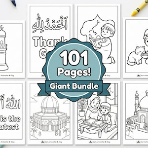 Könnte beinhalten: Eine Sammlung von Schwarz-Weiß-Malvorlagen mit islamischen Themen. Die Bilder zeigen Moscheen, lesende Kinder und arabische Kalligraphie. Ein türkisfarbenes Abzeichen zeigt "101 Pages! Giant Bundle."