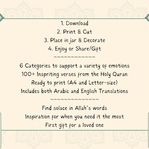 K&ouml;nnte beinhalten: Ein druckbarer Satz von &uuml;ber 100 inspirierenden Versen aus dem Koran, bereit zum Drucken in A4 oder Letter-Gr&ouml;&szlig;e. Enth&auml;lt sowohl arabische als auch englische &Uuml;bersetzungen. 6 Kategorien, um eine Vielzahl von Emotionen zu unterst&uuml;tzen. Finde Trost in Allahs Worten. Inspiration f&uuml;r Momente, in denen du sie am meisten brauchst. Das erste Geschenk f&uuml;r einen geliebten Menschen.