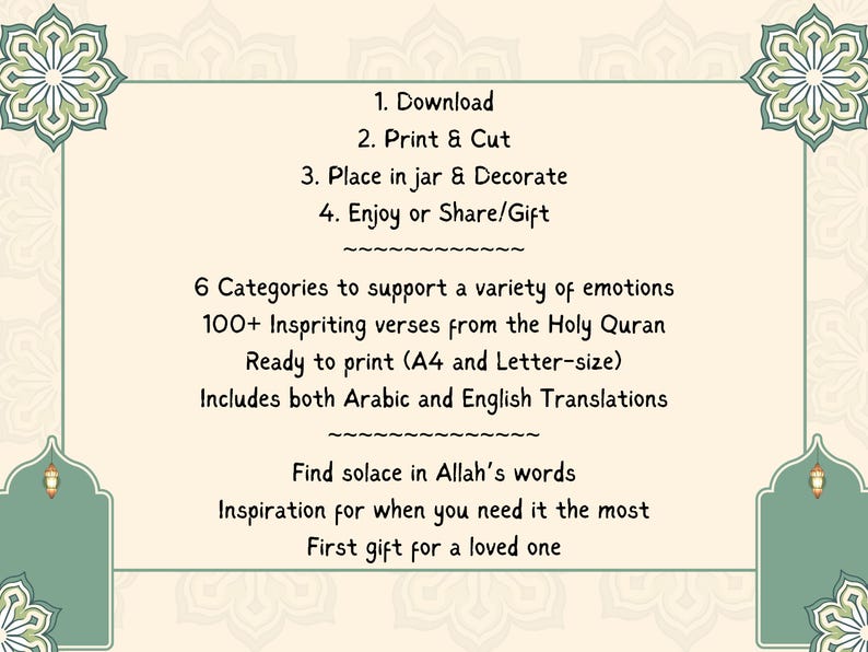 K&ouml;nnte beinhalten: Ein druckbarer Satz von &uuml;ber 100 inspirierenden Versen aus dem Koran, bereit zum Drucken in A4 oder Letter-Gr&ouml;&szlig;e. Enth&auml;lt sowohl arabische als auch englische &Uuml;bersetzungen. 6 Kategorien, um eine Vielzahl von Emotionen zu unterst&uuml;tzen. Finde Trost in Allahs Worten. Inspiration f&uuml;r Momente, in denen du sie am meisten brauchst. Das erste Geschenk f&uuml;r einen geliebten Menschen.