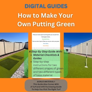 Puede incluir: Guía digital con instrucciones sobre cómo hacer tu propio green de putting. La guía incluye listas de verificación de materiales, instrucciones paso a paso para dos formas diferentes de green y dos tipos diferentes de material base. También incluye una guía adicional sobre la compra de césped y relleno.