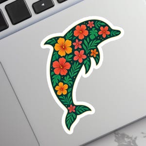 Cute Floral Tropical Animal Laptop Sticker Flowers Summer Dolphin Lover Gift For Marine Biologist Graduation Decal Sticker Water Bottle