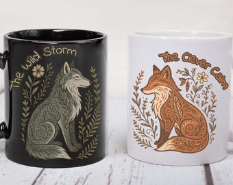 Boho Animal Wildflower Mug Couples Wedding Shower Gift For Engaged Couple Matching Coffee Mug Set Ceramic Woodland Forest Animal Mug Set