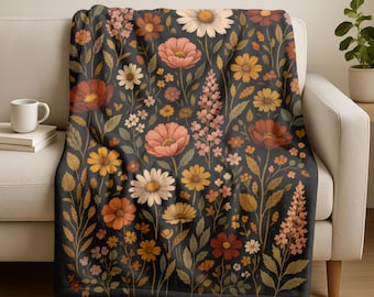 Dark Academia Blanket Wildflower Throw Bedroom Decor Moody Botanical Garden Aesthetic Cottage Style Vintage Inspired Floral Design Soft