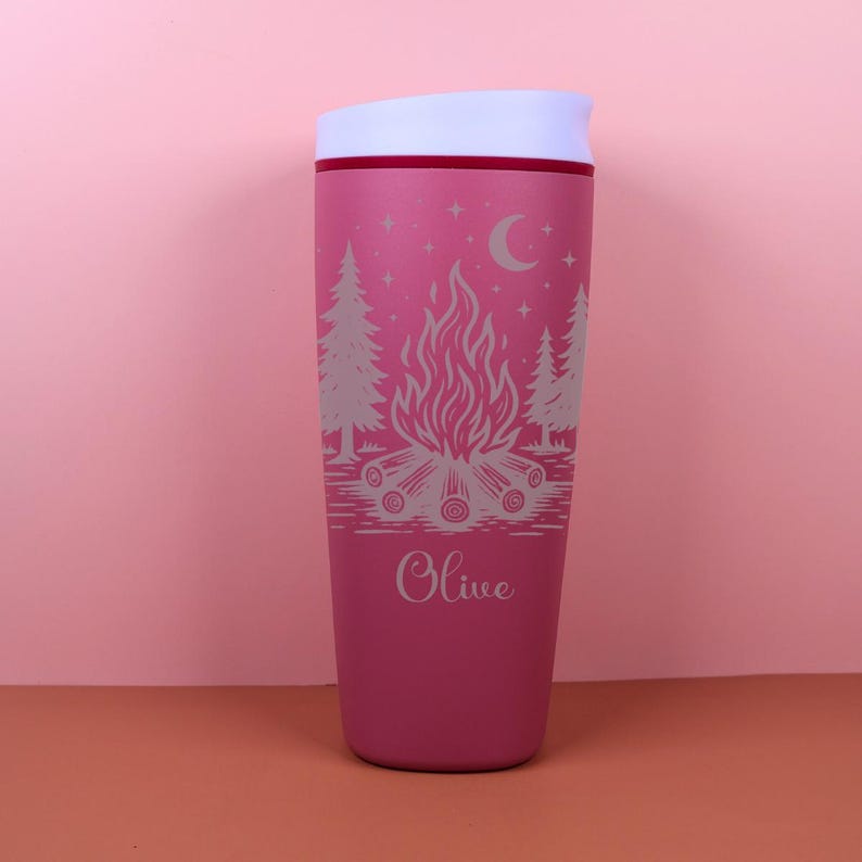 Celestial camping Owala SmoothSip bottle showcasing a dreamy night sky inspired design with stars, moon elements, and campfire vibes. Laser engraved with a custom name, this whimsical drinkware piece is ideal for outdoor lovers, hikers, campers, and fans of magical cozy adventures.