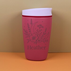 Owala SmoothSip travel coffee cup personalized with a custom name and engraved with moon floral wildflowers. This celestial drinkware design is warm, pretty, and practical, making it a thoughtful gift for a best friend birthday, coffee lover, nature lover, or anyone who loves whimsical personalized accessories.