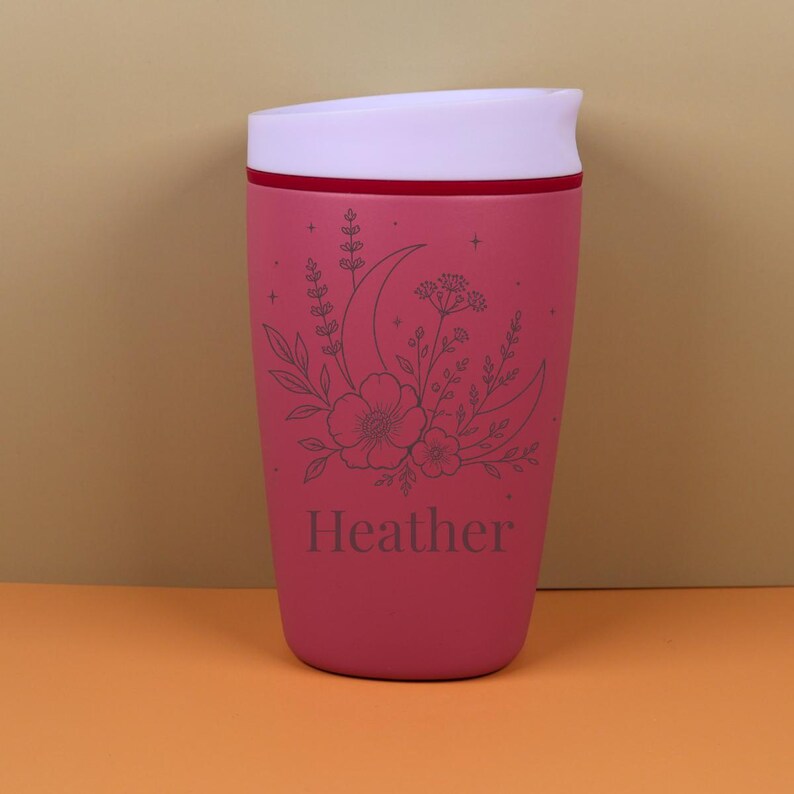 Owala SmoothSip travel coffee cup personalized with a custom name and engraved with moon floral wildflowers. This celestial drinkware design is warm, pretty, and practical, making it a thoughtful gift for a best friend birthday, coffee lover, nature lover, or anyone who loves whimsical personalized accessories.