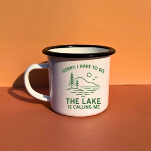 Lake Life Camping Enamel Mug Simple Lake Scenery Gift For Fisherman Coffee Mug Early Morning Boating Trip Camp Mug Peaceful Quiet Vibes