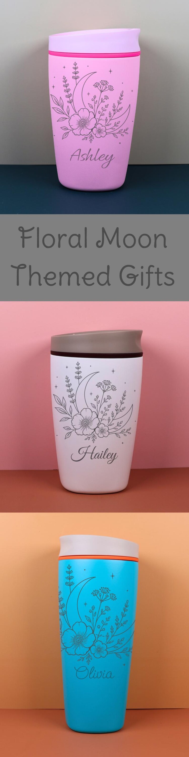 Custom name engraved Owala SmoothSip bottle with moon, celestial, and wildflower artwork. This floral travel coffee cup is both useful and sentimental, offering a unique personalized gift for birthdays, best friends, coffee lovers, or anyone who enjoys magical nature inspired designs.